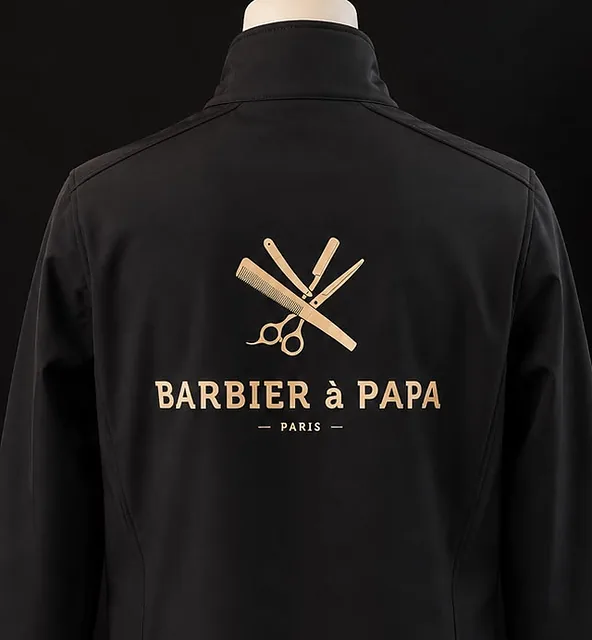 Dos d'une veste noire floquée d'un logo de barbier doré