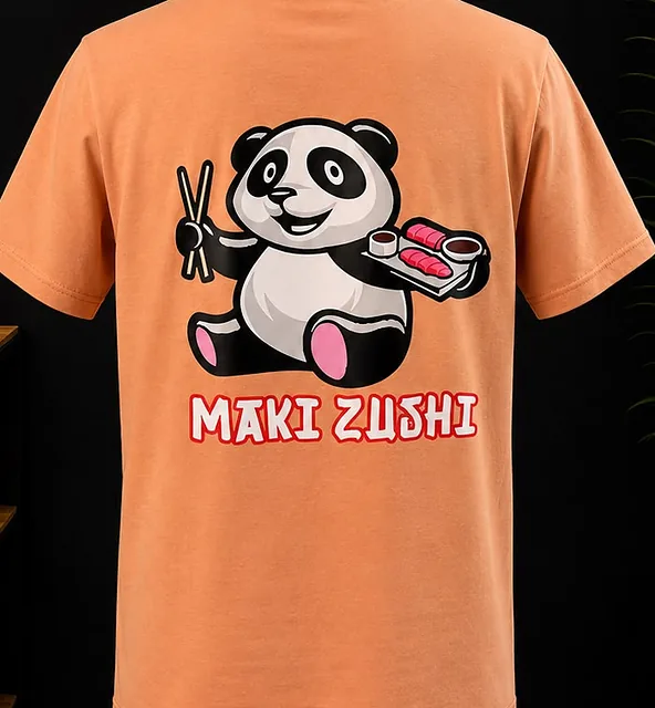 T-shirt orange imprimé d'une mascotte de restaurant de sushis