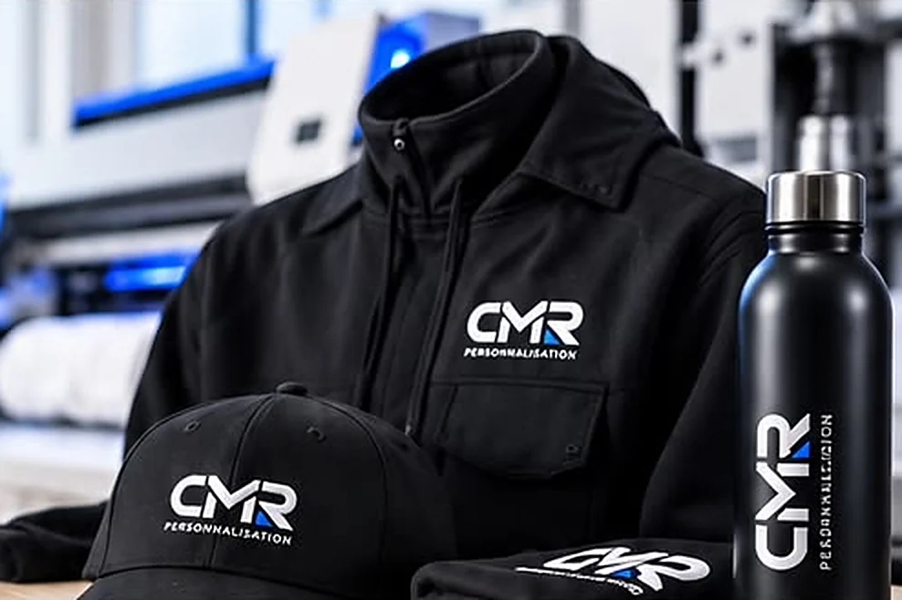 Sweat à capuche noir, casquette, textile et gourde floqués CMR Personnalisation
